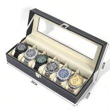 Luxury Classic PU Leather 6-Slot Watch Display Box | Men's Watch Collection Organizer With Transparent Glass Lid And Velvet Lining, Suitable For Vanity Display And Gift For Watch Enthusiasts - Multicolor - View 2