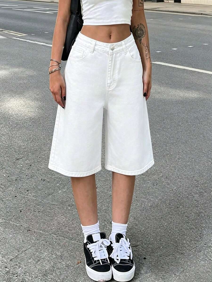 New Arrival European And American Casual Street Style Minimalist Daily Commute Women Denim Shorts White Summer - White - View 1