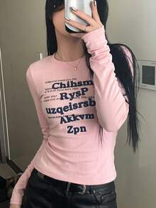 Vintage Niche Letter Print Long Sleeve T-Shirt Women's American Style Crew Neck Regular Shoulder Top Pink - Pink - View 2
