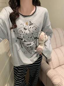 2pcs Women's Pajama Set, Pullover Round Neck Cute Animal Print Simple Long Sleeve Long Pants, Easy Care Fabric - Grey - View 8