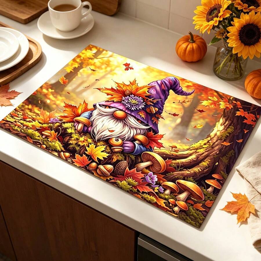 1pc Dish Drying Mat, Coffee Machine Mat, Autumn Forest Gnome Pattern Dish Drying Mat, Suitable For Daily Dish Draining, Fits Autumn Atmosphere Decor, Suitable For Autumn Thanksgiving Dining Scenes, Multi-Purpose Drying Mat, Home Gift, Tabletop Decoration