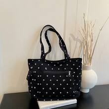 Black Polka Dot Bow Large Capacity Tote Handbag, Multi-Pocket Layered Storage Design, Durable Canvas Material, Simple And Practical For Daily Commute And Travel, Men's Casual Shoulder Storage Bag - Multicolor - View 5