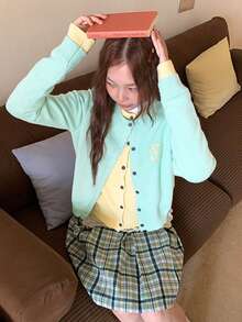 Women's Autumn/Winter Korean Sweet Style Contrast Color Floral Embroidered Knit Cardigan, Round Neck Single-Breasted Sweater Knit Outerwear - Mint Green - View 4