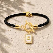 Initial Charm Black Rope Gold Plated Letter Bracelets For Women Men Toggle Closure Cubic Zirconia Tag - Yellow Gold - View 11