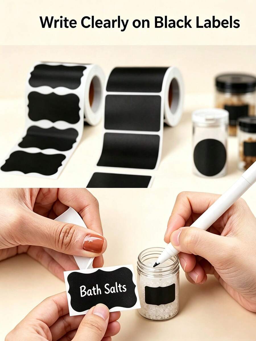 120pcs Black Reusable Waterproof Label Stickers, Kitchen Food Storage Wavy Stickers Labels, Suitable For Containers, Jars, Spices, Food Storage, With 1 White Marker Chalk - Black - View 1