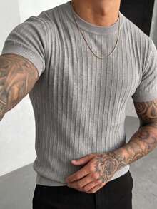 Men's Classic Round Neck Textured Short Sleeve Sweater, Suitable For Summer Outings, Essential Fashion Knit Top - Grey - View 3
