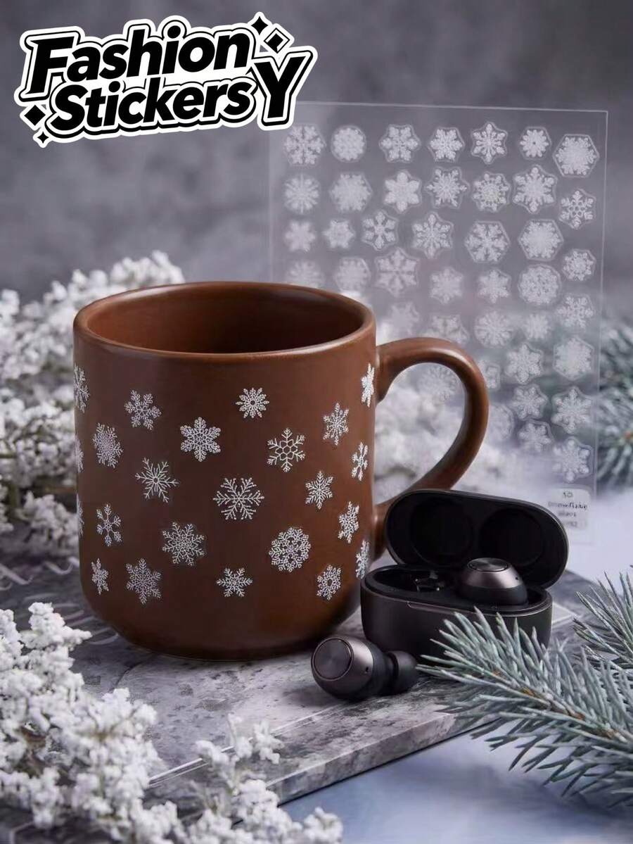 1 Set Silver White Snowflake Pattern Decorative Stickers, Winter Minimalist Aesthetic, Self-Adhesive Easy Application, For Cup, Digital Device Shell Decoration, Winter Decorative Stickers - Decorative Stickers - View 1
