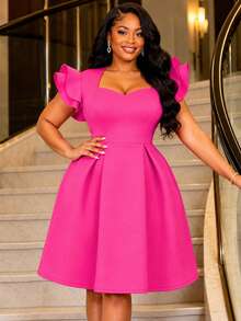 Women Elegant Charming Rose Red A-Line Dress With Ruffle Sleeves, Heart-Shaped Neckline,And A-Line Hem For Birthday Party, Weddings,And Formal Events - Hot Pink - View 2