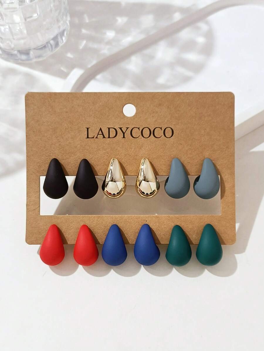 LADYCOCO 6對時尚可愛多色水滴耳鉤耳環套組，適合女性日常配戴 - 彩色 - 查看 1
