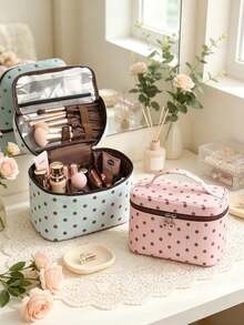 Cute Polka Dot Travel Makeup Bag With Makeup Brush Compartment,Large Capacity Cosmetic Organizer Case With Handle, Waterproof Toiletry Storage Pouch - Multicolor - View 1