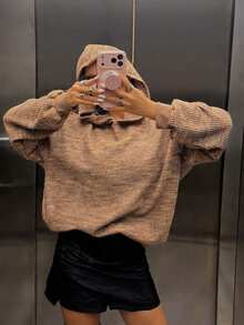 Áo hoodie dệt waffle oversized phong cách thường ngày cho nữ, mặc hàng ngày, trang phục thu đông, quần áo thu đông, đi chơi - màu nâu - Xem 4