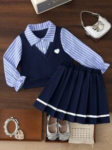 BASUSARRI Academy Style Back To School Season Collared Striped Half-Button Top Pleated Skirt Autumn/Winter Long Sleeve Girls Blouse Set Skirt Set - Blue - View 2