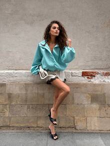 2026 New Women's Jacket Coat, Women's Spring/Autumn Jacket, Patchwork Ruched Design, Fashionable Versatile, Casual Commuter Style, Elegant Winter Outerwear - Mint Blue - View 5