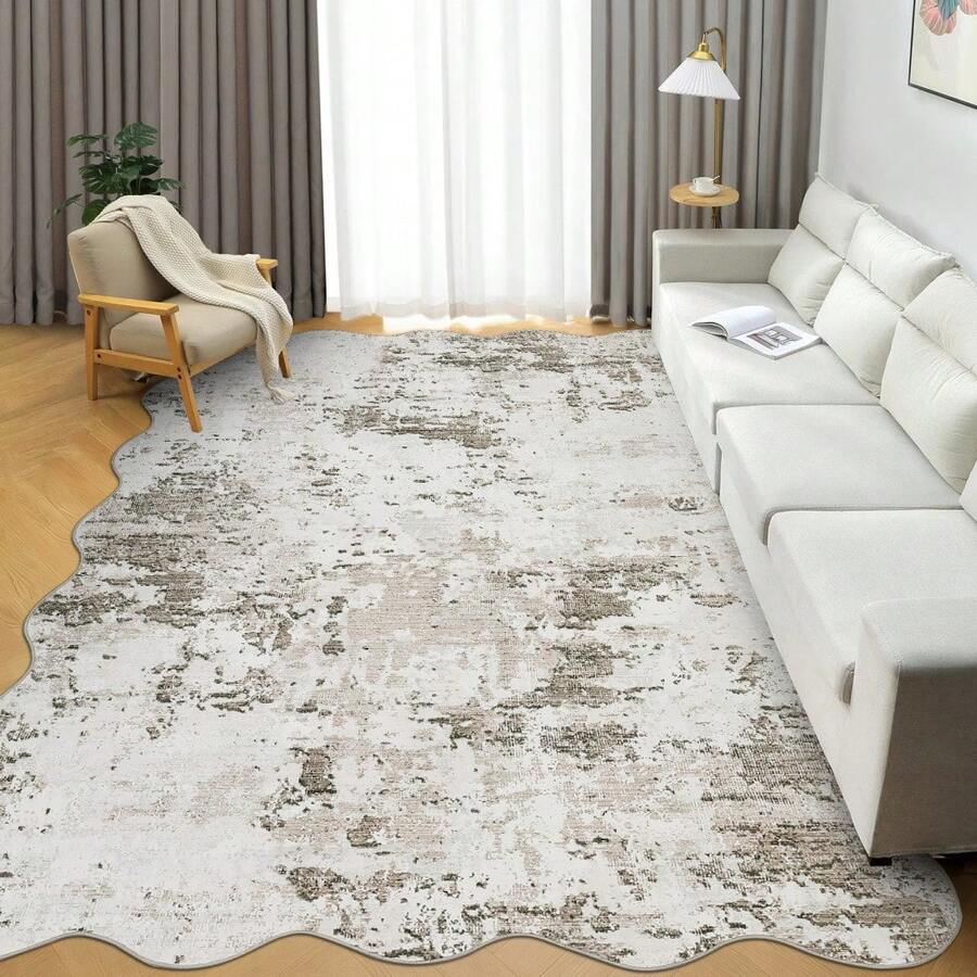 Wanfeeso Scalloped Edge Abstract Area Rug, Distressed Vintage Washable Carpet, Modern Boho Non-Slip Soft Floor Mat For Living Room Bedroom Home Decor - Rice Brown - View 1