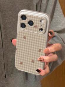Compatible With Iphone/18/18PRO/18PROMAX17/16/15/14/13/14/12/11 Series, 1pc Fashionable Personalized Plaid Floral Small Bow Pattern Full Coverage Button Classic Anti-Drop Metal Paint Electroplated Premium Texture Soft Texture PU Leather Phone Case, Suitable As Birthday Gift, Holiday Gift For Friends, Family, Couples, Yourself - Multicolor - View 3