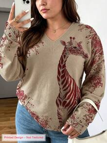 ASHKATIA Women's Plus-Size Top Fall Winter V-Neck Lightweight Sweater Giraffe Pattern Print Skin-Friendly Fabric Curve Plus - Multicolor - View 13