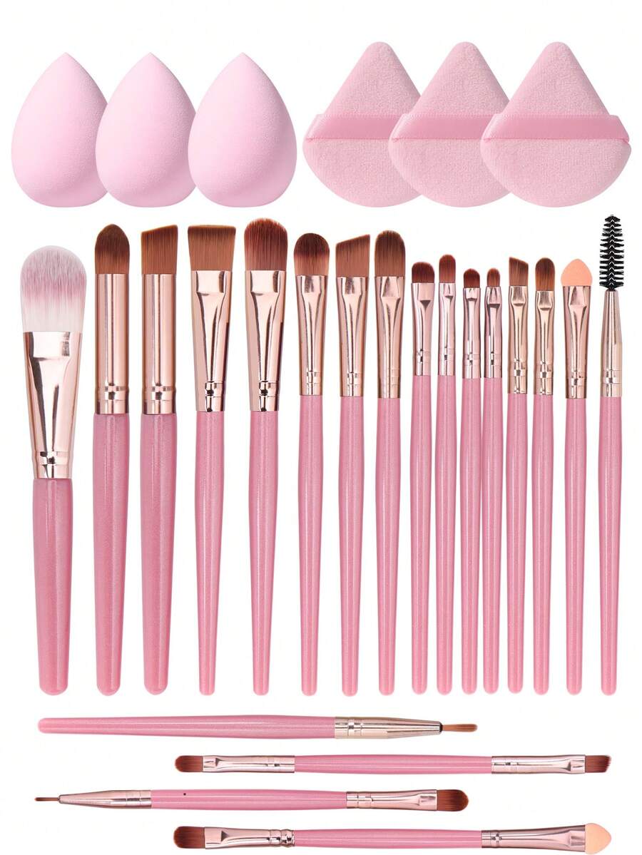 26 Pcs Complete Cosmetic Set, 20 Pcs Old Style Deep Pink Makeup Brushes Plus 6 Pcs Makeup Sponges And Puffs Kit, Dense Soft Bristles Pick Powder Evenly For Natural Makeup Effect, Suitable For Powder And Cream Cosmetics For Beginners. - Multicolor - View 1