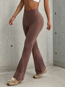 Hidkat Women's Solid Color Fashion High Waist Slim Fit Letter Print Sports Knit Flare Pants - Rusty Rose - View 5
