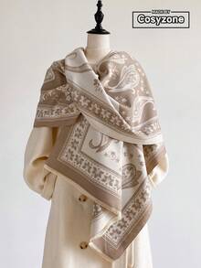 1pc Faux Cashmere Elegant Design Paisley Floral Pattern Jacquard Warm Scarf For Women, Air Conditioning Room Blanket, Autumn/Winter Outdoor Travel Cold Protection Neck Warmer Decorative Scarf Shawl Dual Use, Suitable For Daily Matching, First Choice For Gift Giving - Khaki - View 1