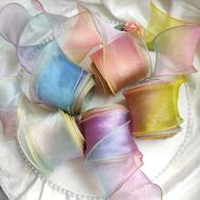 1 Roll 3/10 Yards Gradient Sheer Organza Ribbon With Gold Wired Edge, Perfect For Gift Wrapping, Flower Bouquets, Party Decor, Wedding Supplies & DIY, Christmas Gift Ribbon, Wrapping For Presents,Christmas Tree Decerations,Halloween Home Dec - Multicolor - View 3