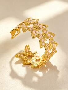 VceTd 1pc Gentle Style Colorful Enamel Butterfly Design Stainless Steel Open Cuff Bracelet For Women, Suitable For Weddings, Travel, Or As A Valentine's Day Gift For Loved Ones - Yellow Gold - View 8