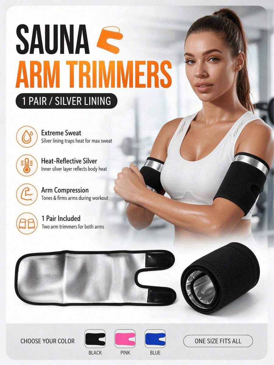 1 Pair Sauna Arm Bands - Enhanced Sweat Arm Bands With Silver Lining For Weight Loss And Fat Burning Fitness - Silver - View 1