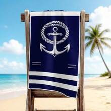1pc Blue & Navy Blue Anchor Pattern Beach Towel, Nautical Style Polyester Rectangular Large Bath Towel, Suitable For Women's Vacation And Poolside Use - Multicolor - View 10