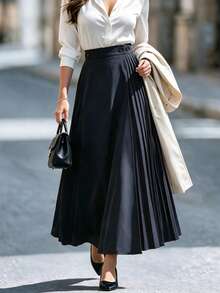 DONICY Women's Navy High Waist Side Button Pleated Splice Midi Skirt, Asymmetric Flowy A-Line Long Skirt For Fall Winter Office Daily Wear - Royal Blue - View 8