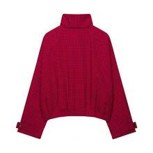 Fashion Plaid Stand Collar Zipper Short Jacket, Casual Loose Long Sleeve Outerwear, Suitable For Autumn - Red - View 11