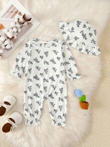 BrownBark 2pcs Baby Girls Autumn Floral Pattern Long Sleeve Romper Set With Sun Hat, Soft Comfortable Ruffle Collar Bowknot Crawler Outfit For Newborn Girls 0-18 Months - White - View 3