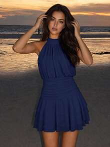Elegant Halter Neck Backless Mini Dress With Layered Ruffle Hem Wedding Party Fall - Navy Blue - View 5