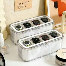 1pc 4-Slot Watch Storage Box, Dust-Proof Transparent Visible Space-Saving Anti-Scratch Premium Thickened PET Plastic Watch Display Organizer Box, Minimalist Modern Transparent Lid White Vertical Stripe Rectangular Hinge Flip Cover Removable Dividers Watch Bracelet Jewelry Storage Display Protection Box, Vanity Bedroom Daily Use Birthday Housewarming Father's Day Gift - Multicolor - View 5