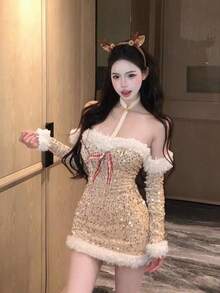 クリスマスコーデ ラメビーズハルターネックビスチェワンピース レディース秋冬長袖スリムタイトミニスカート ピュアセクシーウエストマークミニワンピ パーティー イベント 忘年会 撮影映え 韓国インスタ風 キラキラ レディースパーティードレス （ワンピース+アームカバー）オススメ体重：40-60KG - ゴールド - チェックする 7