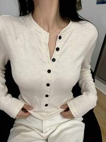 女款純色休閒長袖T恤內搭層 - 燕麥色 - 查看 10