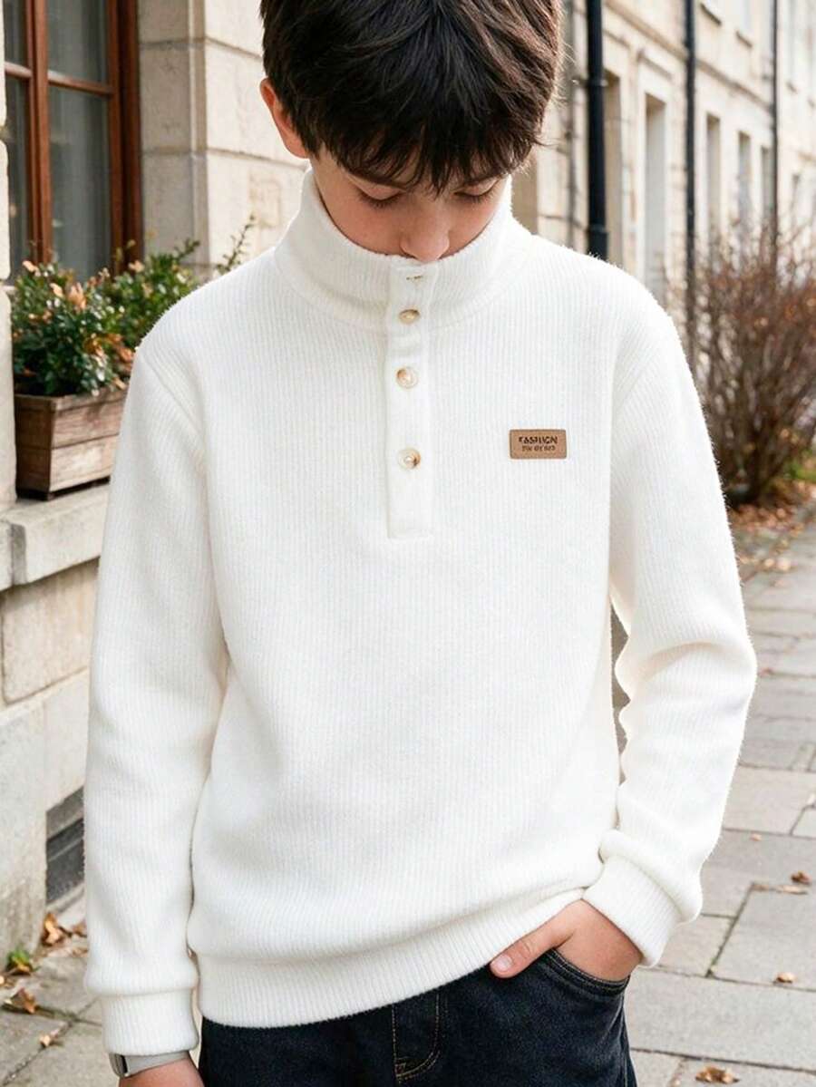 男童與青少年白色極簡舒適字母貼布高領長袖 Polo 衫,適合返校、日常穿著,秋冬款 - 白色 - 查看 1