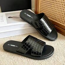 Men's Luxury Glossy Crocodile Embossed PU Leather Slide Sandals, Open Toe Slip-On Flat Round Toe Soft Sole Anti-Slip Outdoor Slippers, Suitable For Spring/Summer Home, Beach, Outings, Daily Casual Wear - Black - View 2