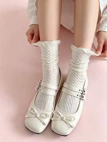 5 Pairs Women's Mid-Calf Socks, Cream White Embossed Floral Cable Knit Frill Trim Socks, Sweet Lolita Style Girls Socks - White - View 5