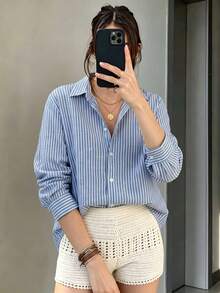 Women's Striped Print Front Button Shirt, Long Sleeve Top, Suitable For Office, Work, Home, Daily, Business Commute, All Seasons - Blue - View 4