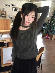 Women's Patchwork Striped 2-In-1 Long Sleeve Turtleneck Top T-Shirt, Korean Style Vintage Base Layer (Random Stripes), Casual Winter Style - Black and Gray - View 3