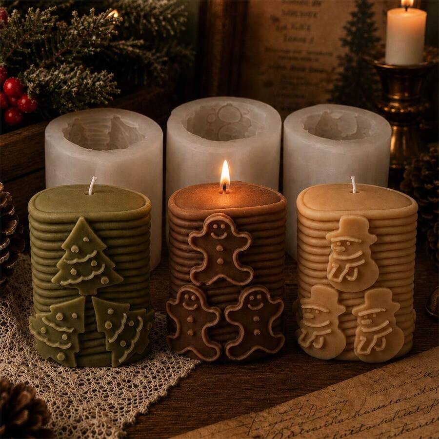 Relief Christmas Tree Pillar Candle Mold 3D Xmas Tree Snowman Gingerbread Man Ornament Pillar Candle Mold For DIY Scented Candles, Soap, Resin Crafts, Holiday Home Decor Gifts