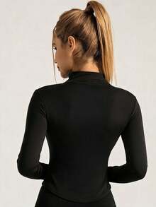 1pc Women's Autumn/Winter Brushed Zipper Thumbhole Long Sleeve Sports Jacket, Solid Color Versatile Slim Fit U-Hem Design - Black - View 4