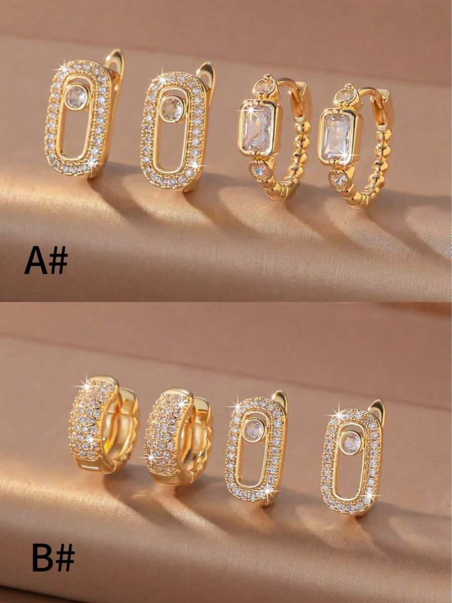 4pcs Luxury Gold Curved Ear Cuff Set, Hollow Rectangular Cubic Zirconia ...
