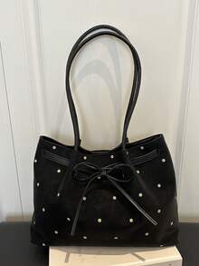 Solid Color Faux Suede Polka Dot Large Capacity Vintage Tote Bag Women's Bag 2026 Bowknot New Style Commuter Versatile Shoulder Handbag - Black - View 9
