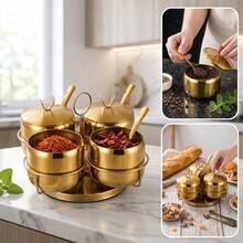 3/4-teiliges Gewürzglas-Set aus goldenem Edelstahl mit drehbarem Ständer, Glasbehälter mit Deckel  Löffeln, Küchendosen-Set für Kaffeebohnen, Pfeffer, MSG, Süßigkeiten, Hühnerbrühe  Salz - Übersicht 8