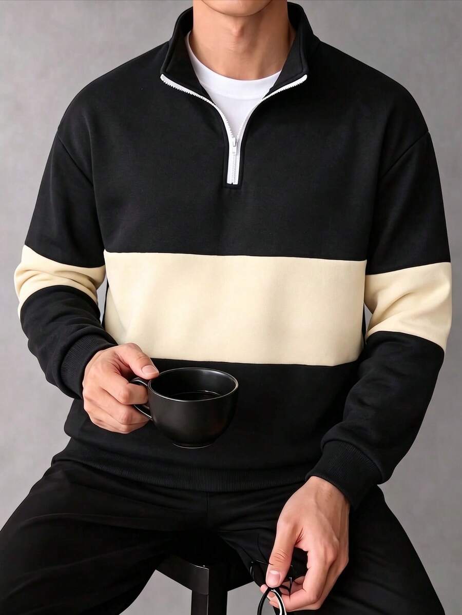 ZYNTH BALENO Men's Spring/Summer Patchwork Zip-Up Sweatshirt, Suitable For Sports, Classic Solid Color Long Sleeve Black - Black - View 1