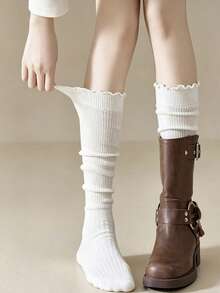 1 Pasang Kaos Kaki Bertumpuk dengan Tepi Bergelombang, Cocok Dipadukan dengan Sepatu Bot, Kaos Kaki Wanita Gaya Musim Semi/Gugur JK, Kaos Kaki Panjang Berenda Putih, Cocok untuk Sepatu Bot Panjang, Kaos Kaki Setinggi Betis - MultiWarna - View 13