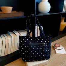Black Polka Dot Bow Large Capacity Tote Handbag, Multi-Pocket Layered Storage Design, Durable Canvas Material, Simple And Practical For Daily Commute And Travel, Men's Casual Shoulder Storage Bag - Multicolor - View 8