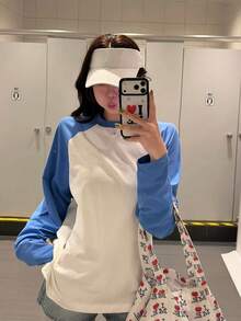 Women's Casual Minimalist College Style All-Match Colorblock Raglan Long Sleeve T-Shirt, Loose Fit Versatile Top For Autumn - White - View 3