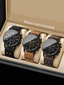 Men's Gift Watch PU Strap Classic Three-Eye Digital Calendar Dial Sports Casual Quartz Wristwatch, Boyfriend Gift (3pcs/Set) Watch Box Not Included - Multicolor - View 1