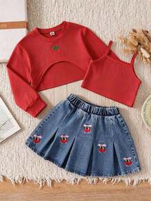 Girls' Front Short Back Long Cherry Embroidered Cover-Up, Minimalist Matching Color Camisole And Pleated Cherry Embroidered Fashion Denim Mini Skirt - Red - View 1